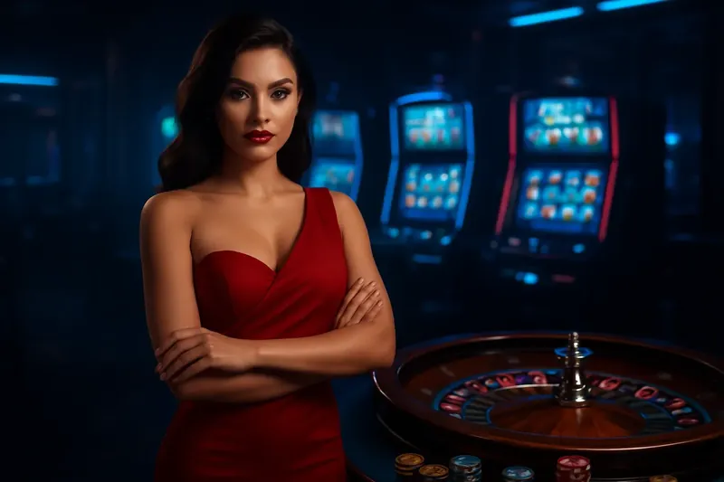 Elegant Casino Banner Beautiful woman in red dress standing near roulette and slot machines in luxury Bangladeshi casino with neon accents and gold coins