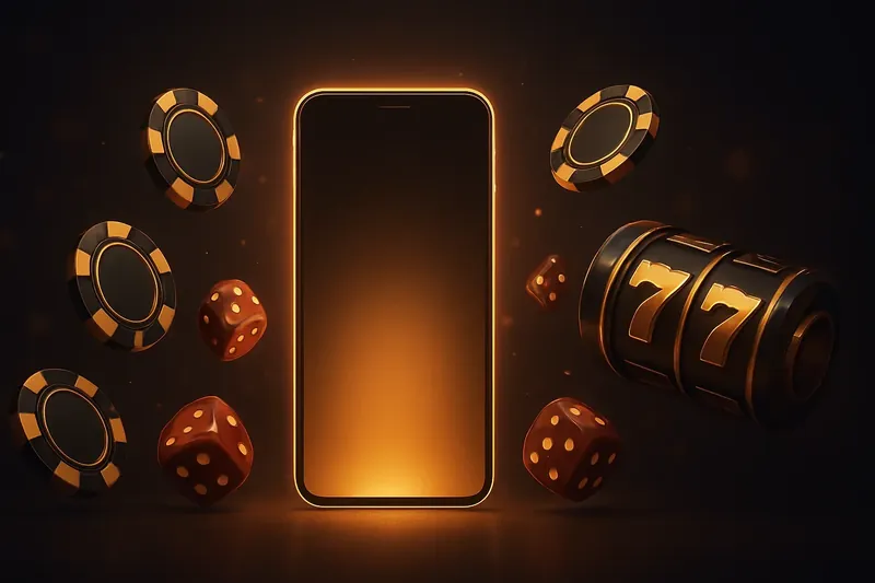 Glowing Smartphone Casino Banner Glowing smartphone surrounded by casino chips, slot reels, and dice with gold accents